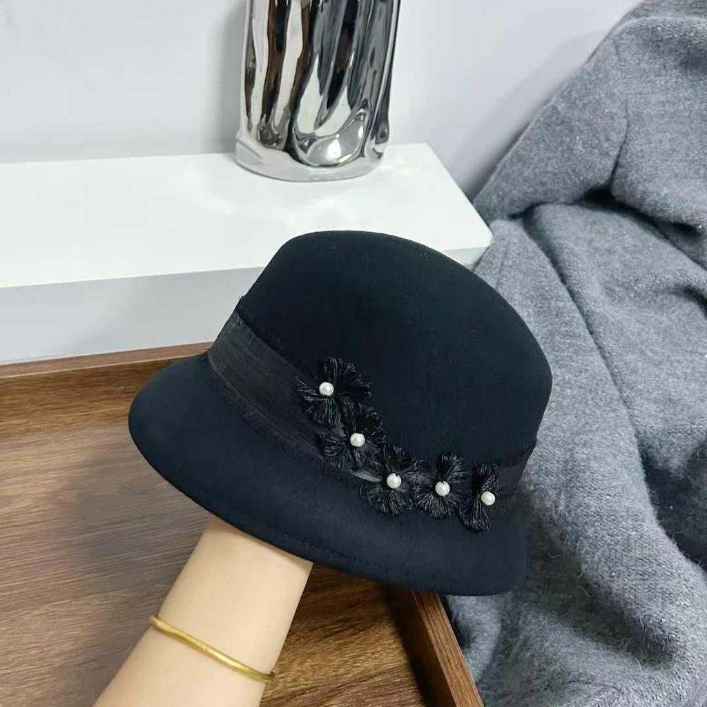 French Romantic Floral Wool Fedora: Women's Autumn/Winter Elegant Small Face Lampshade Socialite Bucket Hat.