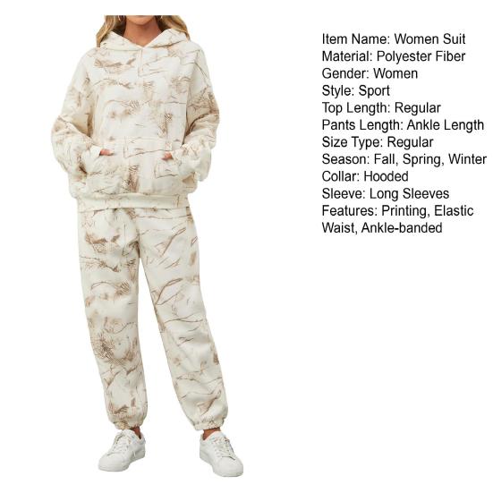 2 Pcs/Set Women Hoodie Pants Suit Printing Long Sleeves Thick Top Elastic Waist Ankle-banded Trousers Sport Fitness Outfit Fall Winter Tracksuit