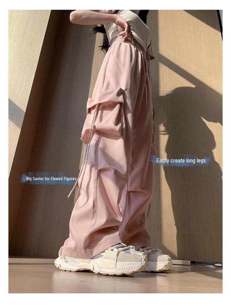 Women's Petite High-Waist Pink Cargo Sweatpants - Summer 2024 Wide-Leg Parachute Style