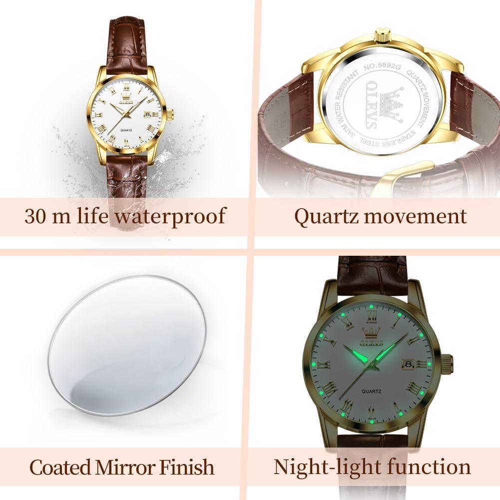OLEVS 5892 Quartz Watches for Women Elegant Leather Strap Classic Dual Calendar Simple Waterproof Luminous Business Ladies Watch