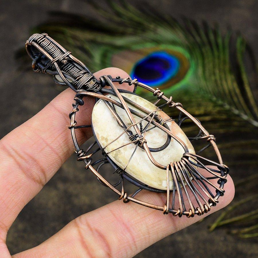 Orange Scolecite, Moonstone Gemstone Copper Wire Wrap Jewelry Pendant 3.47"