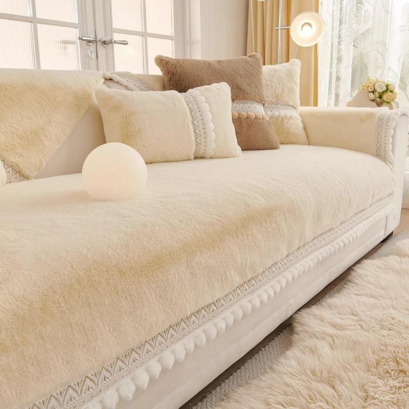 

New Thick Rabbit Plush Straight Sofa Pad Non Slip Protector Simple Modern Design for Winter Autumn 70*70cm