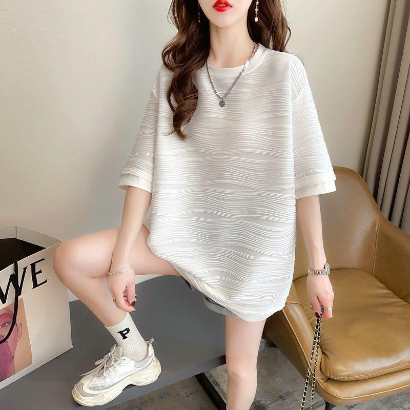 Textured Half Sleeve T-Shirt Women's Casual Loose Fit Round Neck Solid Color Summer Top