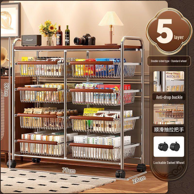 Multi-Layer Trolley Bookshelf with Wheels: Floor-Standing Chinese Style Snack and Sundry Storage Cabinet for Living Room