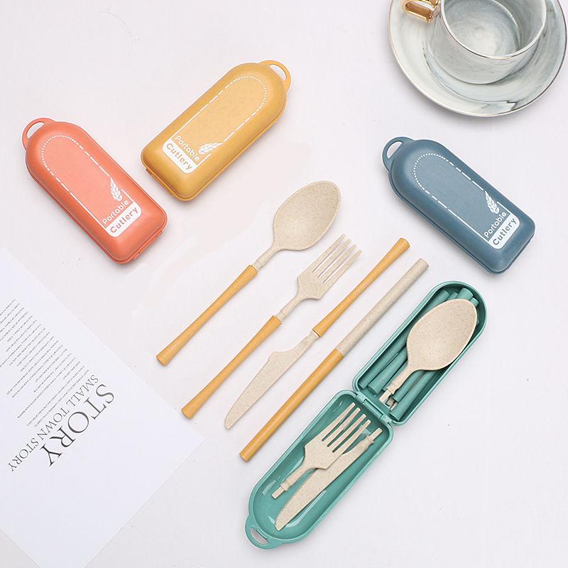 4Pack Reusable Travel Utensils Set With Case Portable Folding Cutlery Set for Picnic Camping Wheat Straw Spoon Fork Knife Straw