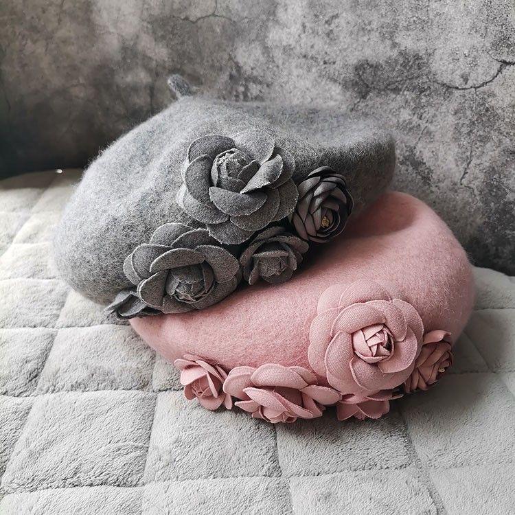 Herbst und Winter Dreidimensionale Kamelienblüten Wollbarett Ausländischer Stil Vielseitig Warm Knospenmalermütze Frau