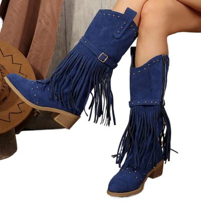 Fashion 2024 New Women Vintage Ethnic Western Cowboy Boots Rivets 5cm Block Heel Boot Tassel Fringe Booties Lady Winter Gladiator Shoes
