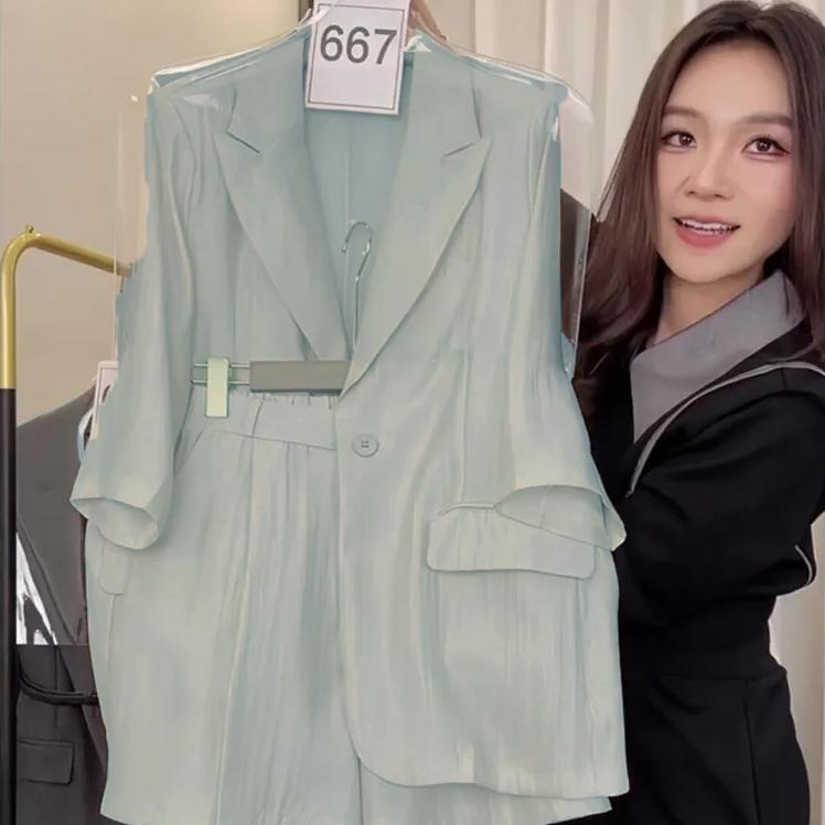 

Французский минималистский модный комплект для женщин, летний тонкий костюм, пиджак, шорты, комплект из двух предметов 3XL зелёный