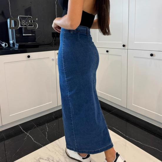 Women Denim Skirt High Waist Buttons Placket Solid Color Midi Skirt Irregular Slit Design Mid-calf Length Skirt
