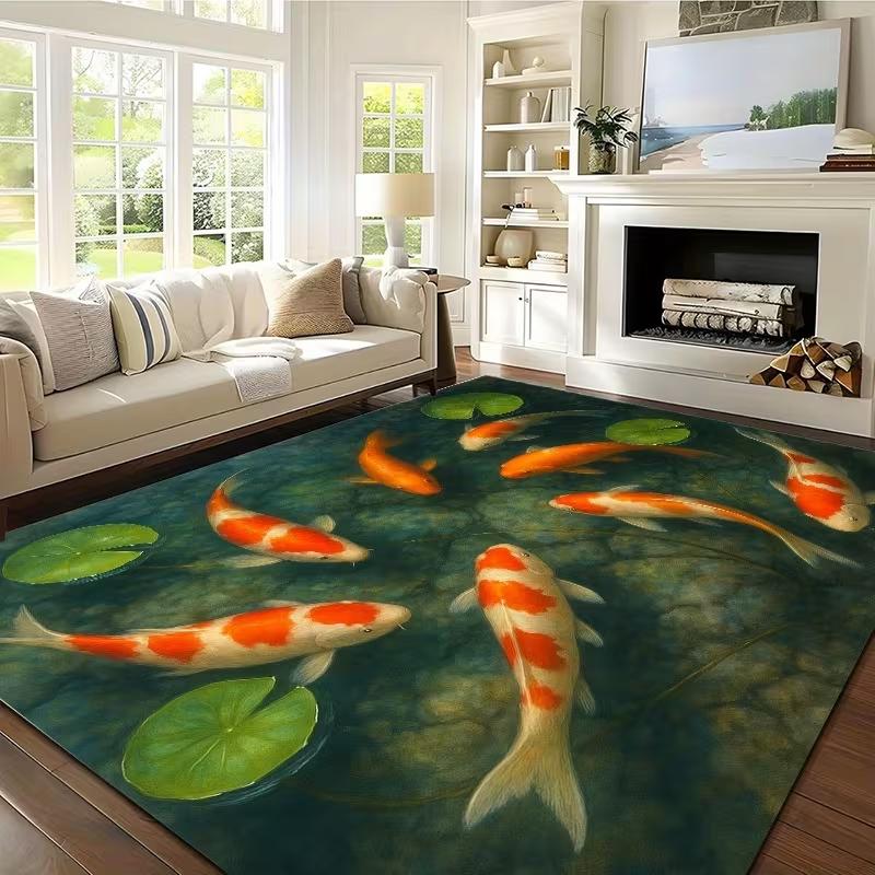 Fresh Pond Koi Print Large Mat - Machine Washable Outdoor Rug for Balcony Patio Backyard Easy Clean Floor Decor Fashionable