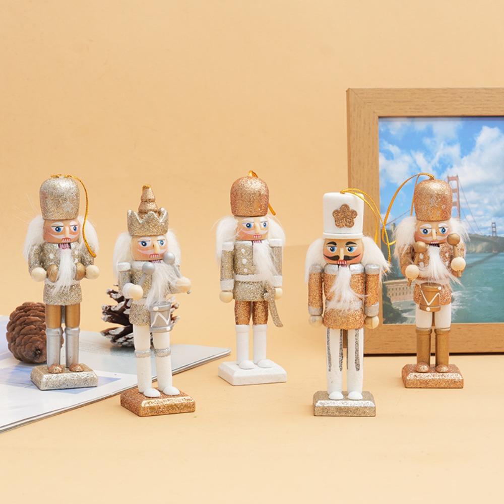 5Pcs/Set Wood Nutcracker Puppet Ornament with Hanging Rope Multiple Style Nutcracker Soldier Pendant Classic Glitter