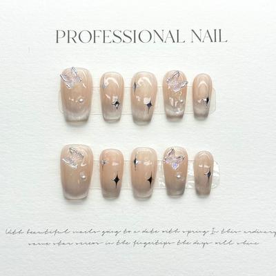 HANDMADE Artificial Nail Short Dreamy French Blush Cat Eye with Diamonds Phototherapy Nails Fake Nails Reusable and Removable Nails