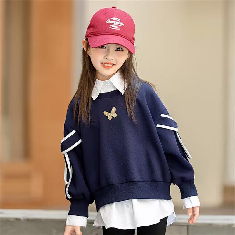 Girls' Trendy Sweatshirt: Spring/Autumn Two-in-One Shirt with Stylish Collar for Kids