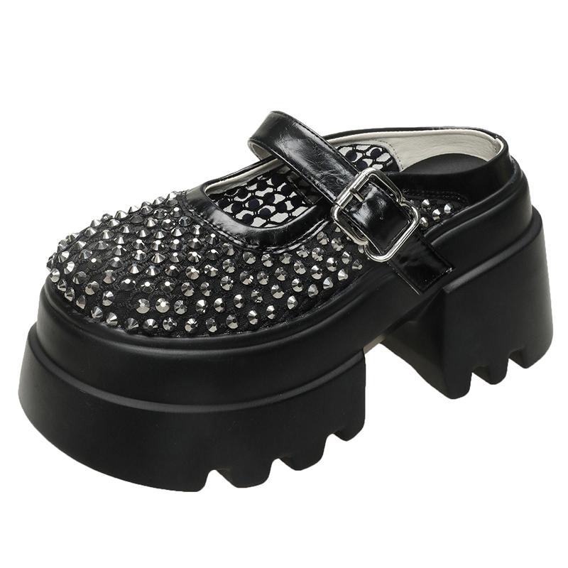 Super high-heeled slippers women's round head shallow mouth mesh cloth metal buckle set foot non-slip sandals