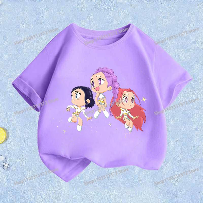 Movie K-Pop Demon Hunters T-shirt Summer Cotton Purple Toddler Short Sleeve Girl Clothes Fashion Cartoon Kids Birthday Tops Gift