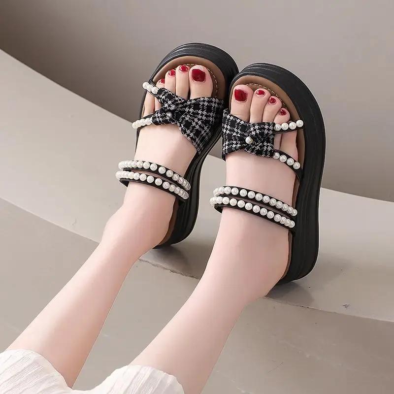 Fashion Wedges Heel Woman Shoes Cheap Liquidation Luxury Summer Comfortable Shoe Asian Size on Offer Vintage Vip Pearl Sandals for Women