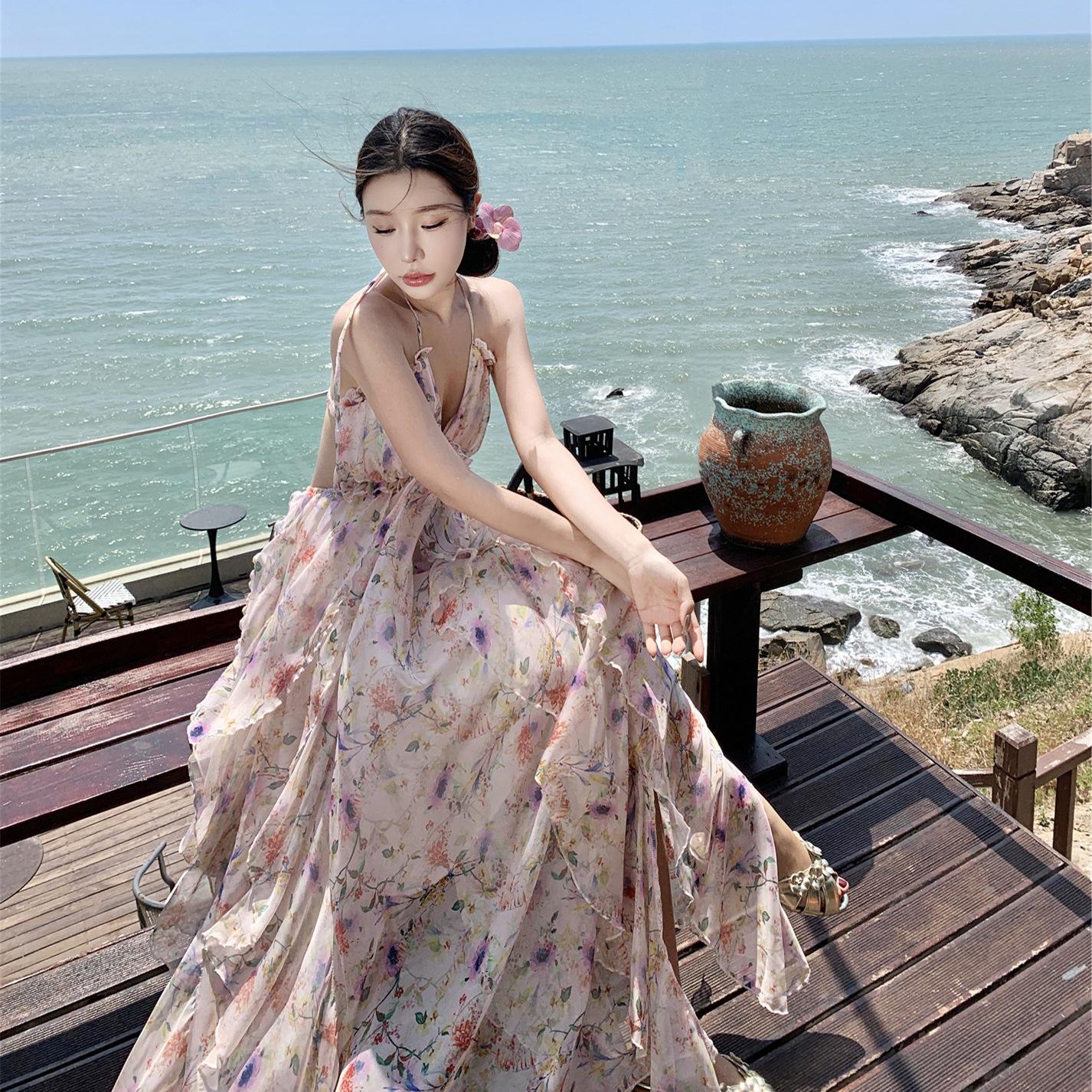 

Красивое ретро платье с цветочным принтом на бретелях-халтер - Идеально для летних морских каникул Large