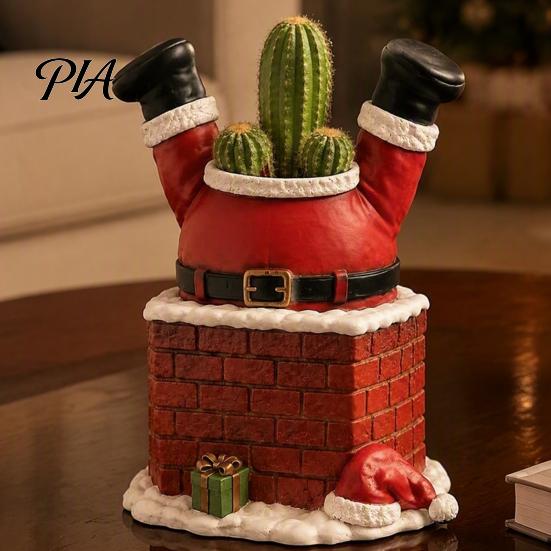 Unique Holiday Table Centerpiece Santa Claus in Smokestack Flower Pot Ornament, Resin Decorative Plant Christmas Container, Small for Tabletop Display