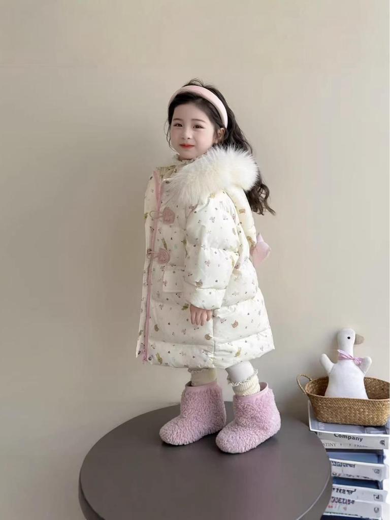 2025 Winter Girls' Mid-Length Down Jacket - Cute Hooded White Duck Down Coat