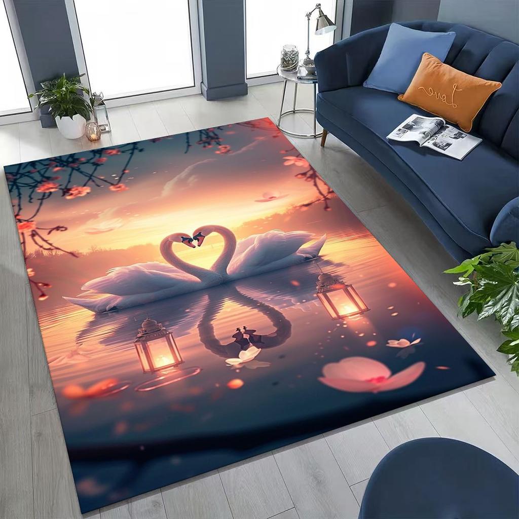 Traum Liebe Schwan Kunst Cartoon Teppich für Schlafzimmer Wohnzimmer Sofa Zuhause Fußmatte Dekor, Große Kinder Spiel Rutschfeste Bodenmatte Geschenk
