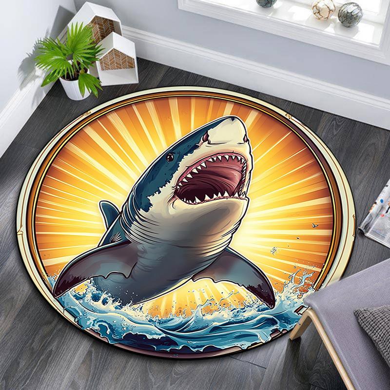 Great White Shark Round Area Rug,Carpet Rug for Living Room Bedroom Sofa Playroom Decor,Non-slip Floor Mat
