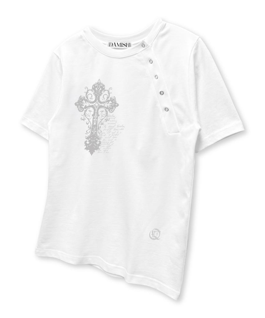 Damiswi Vintage Cross Diagonal Button T-Shirt_Ivory
