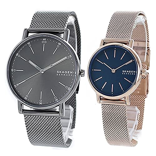 Skagen Signatur pair watch storage box for men and women, gray, pink gold, mesh, and stainless steel, SKW6577, SKW2837