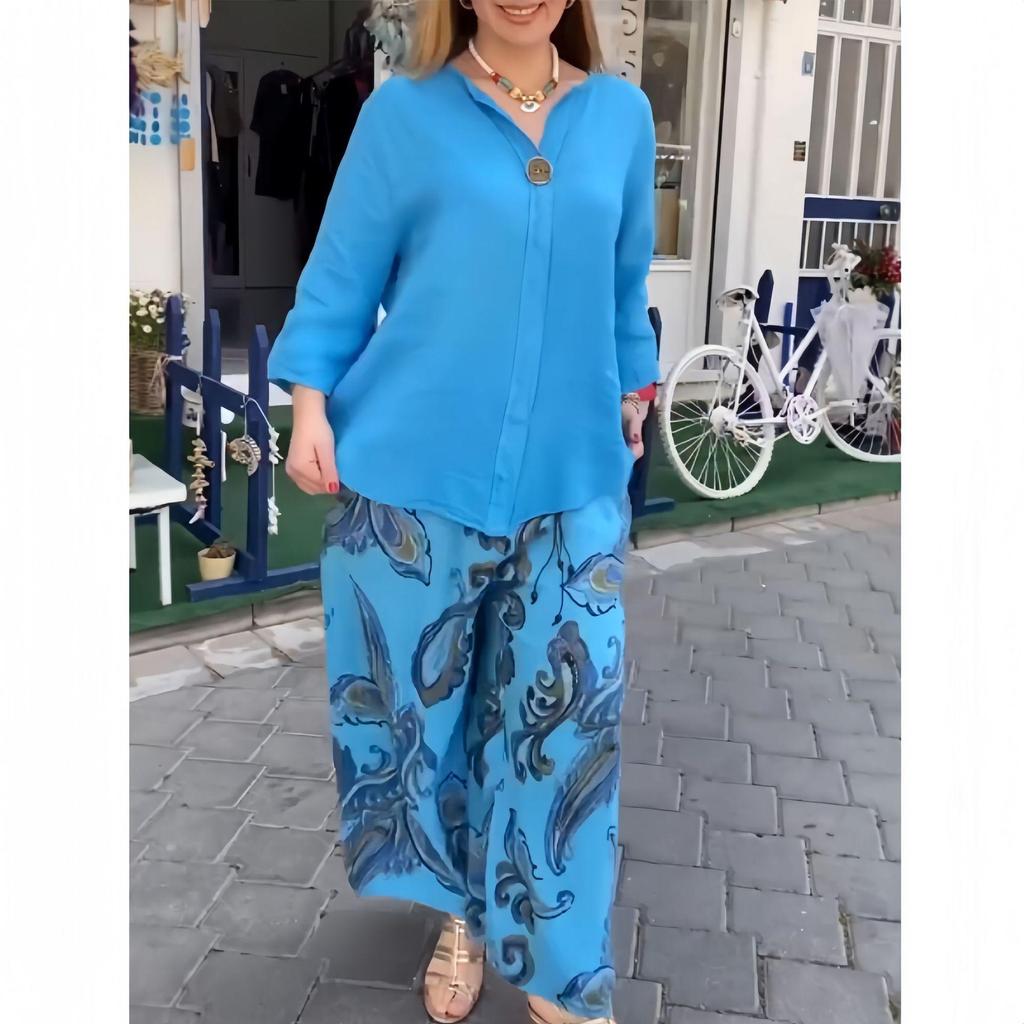 2024 Fashion Women's Cotton Linen Two-Piece Set: Loose Long Sleeve Top & Casual Print Pants