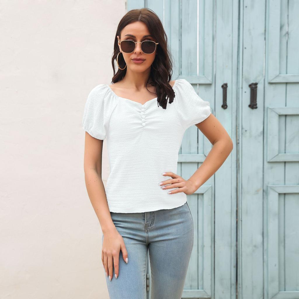 BITCED 3 Color V-neck Puffed Sleeve Pleated Buttons Decorated Chiffon Short Sleeve Top for Women Summer