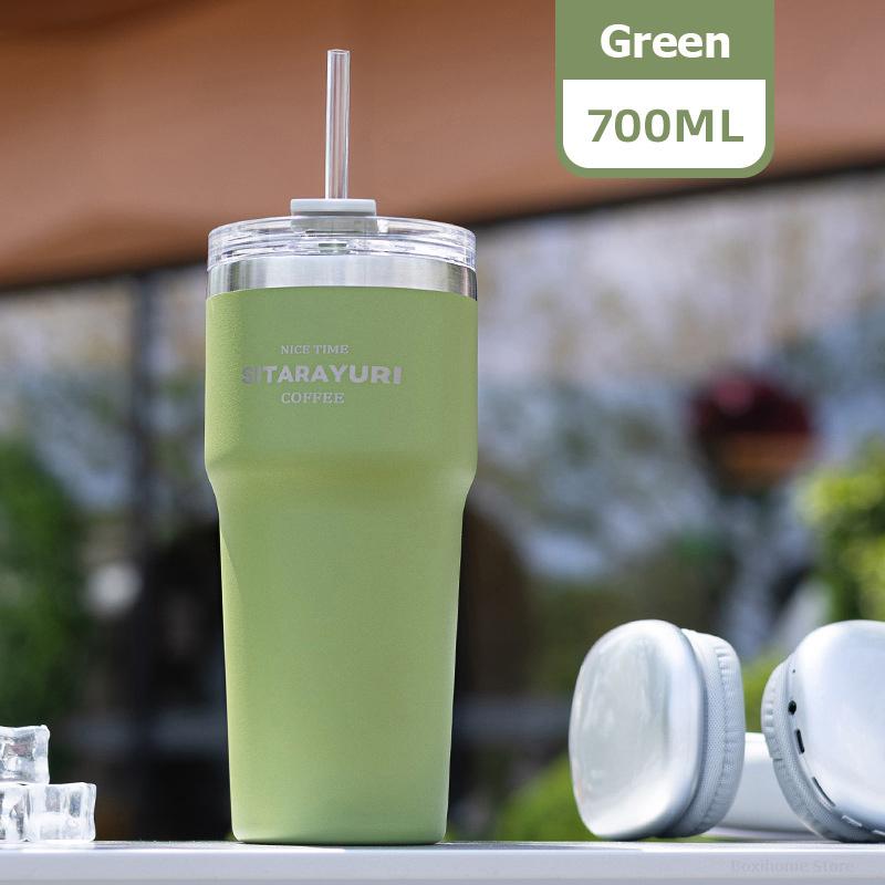 700ML Double Drink Insulation Cup Stainless Steel Straw Thermos Water Bottle Portable Large Outdoor Coffee Thermal Car Ice Mug