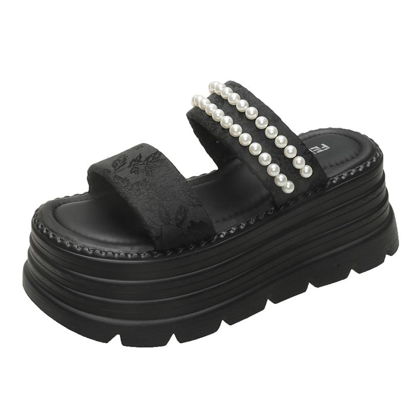 

Fashion 8CM Women s Pearl Strap Chunky Sandals Summer Pink Thick Bottom Wedge Slippers Woman Fashion Pink Lace Platform Sandals Mujer 39