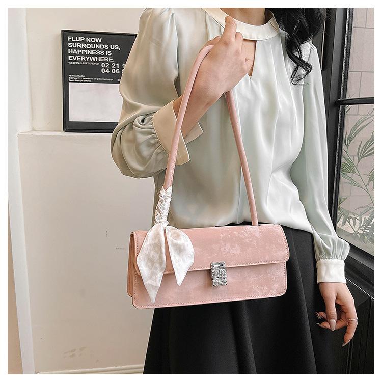 Fashionable Silk Scarf Faux Leather Shoulder Bag Trendy Baguette Square Purse for Women CLE