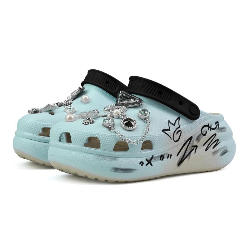 Crocs Crush Clog Diamond EVA Couple Street Hip Hop Graffiti American Decorative Buckle Hole Shoes Unisex Pale Teal