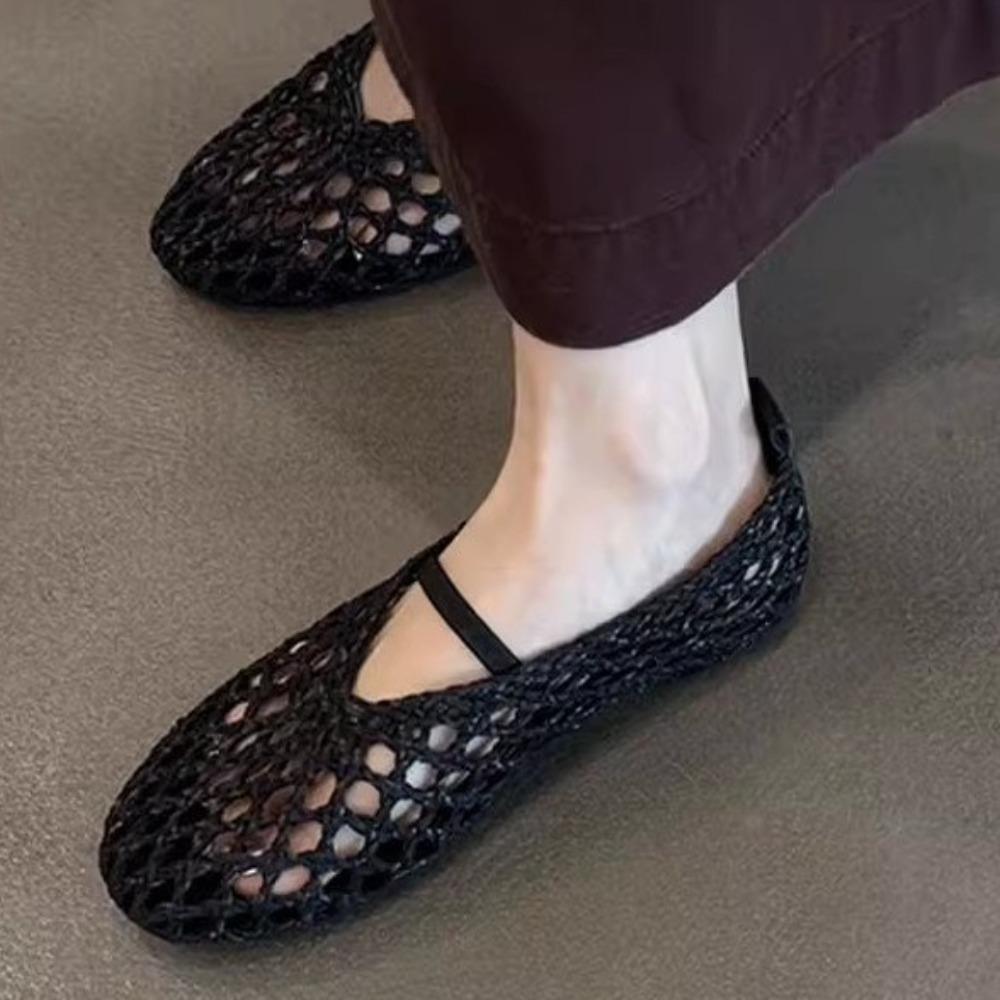 Handwoven Hollow Breathable Flat Sandals Women Summer Fashion Mesh Ballet Flats Women Comfortable Non-Slip Casual Beach Shoes