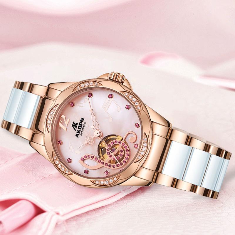 Fashionable and Elegant High-end Women's Watch Hollow Fully Automatic Mechanical Watch Ceramic with Waterproof Trendy Women's Watch