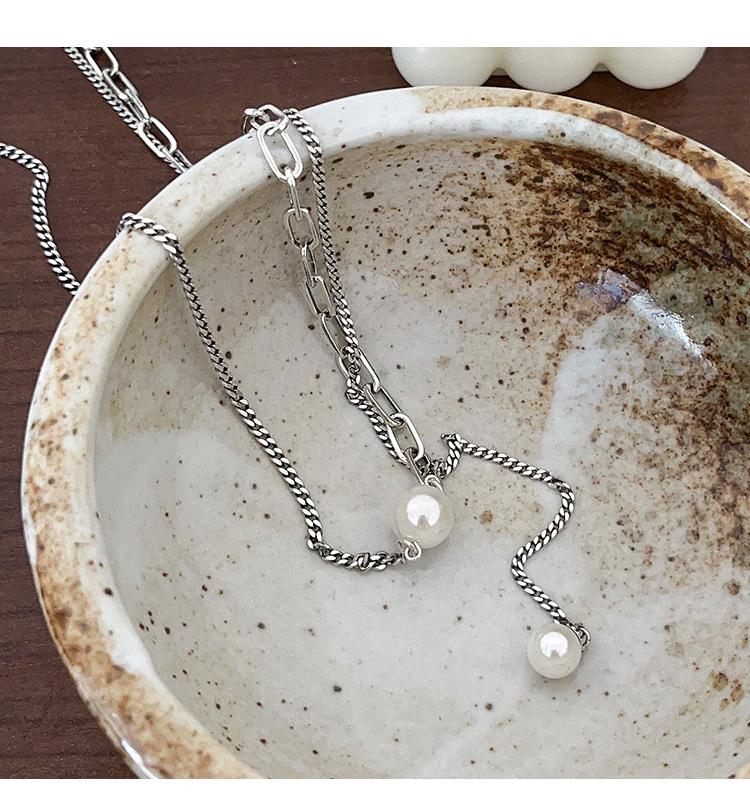 Yinruitai S925 Sterling Silver Pearl Double Layer Necklace for Women - Light Luxury Clavicle Chain, Trendy Niche Design.