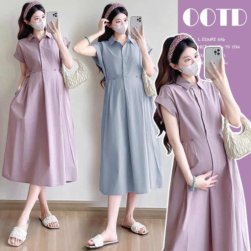 Summer 2025 French Style Waist-Cinched Mid-Length Cotton Maternity Dress 2XL