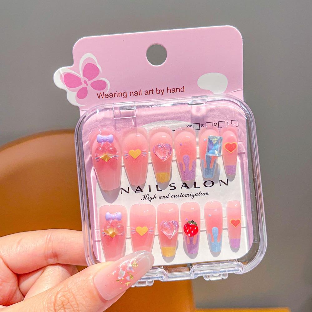 Cute Long Nail Sticker Cartoon Press on Nail New Nail Tips for Girls Students