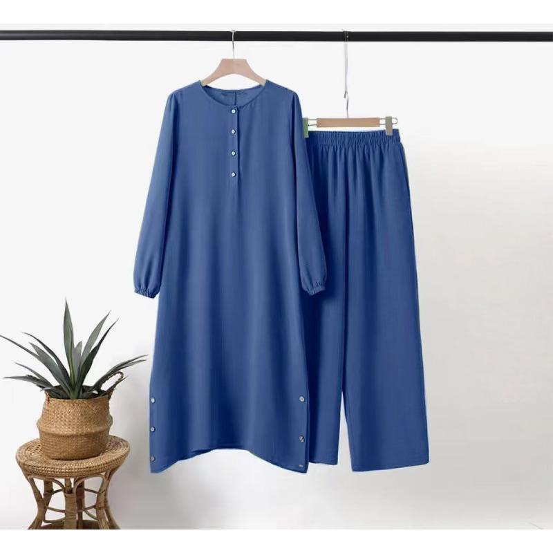 New Muslim women's clothing round neck placket bubble sleeve shirt side seam decorative wooden buckle fashion casual suit