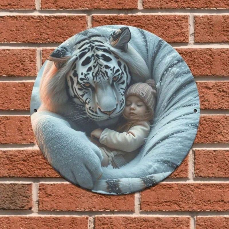 

Vintage Tiger Girl Metal Sign Wall Art Round 8 cm Aluminium