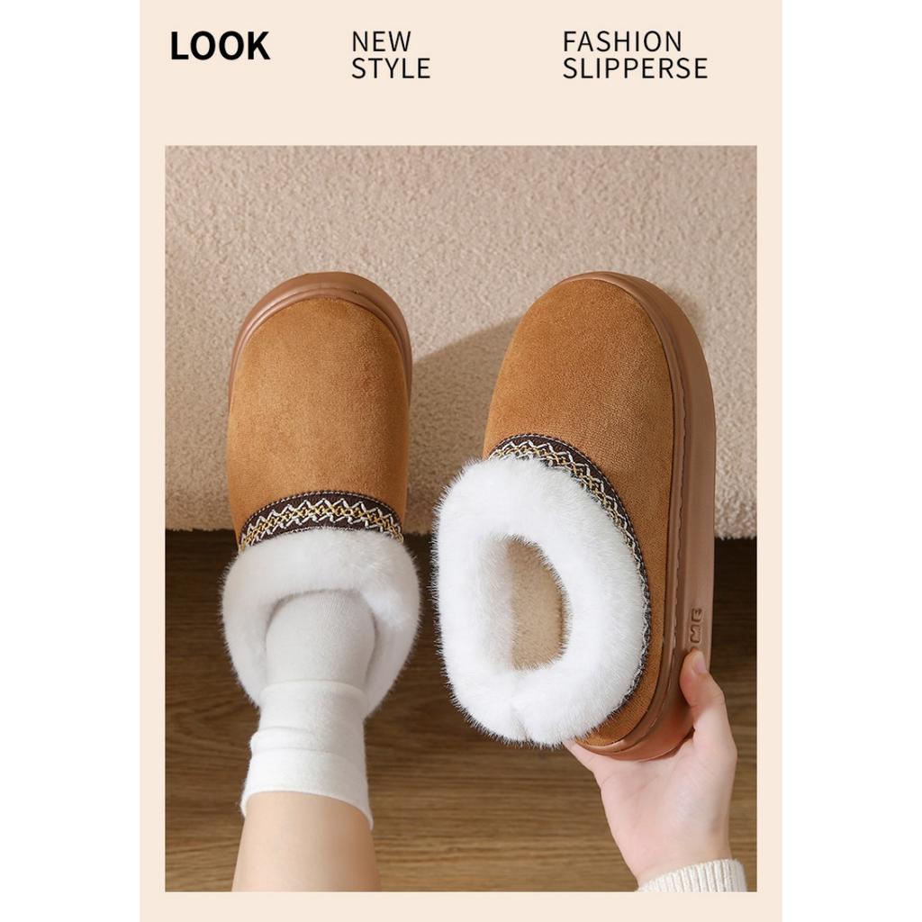 Autunno e Inverno Pizzo Stile Etnico Moda Lana Bocca Pacchetto Completo Tacco Scarpe di Cotone per Coppie, Pantofole di Cotone da Interno e da Esterno