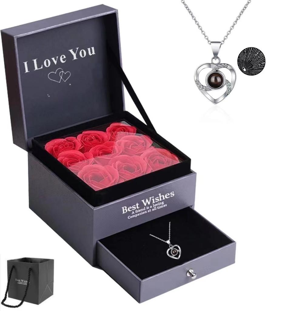 GemChic Women's Pendant Necklace 100 Languages I Love You Projection Necklace Female Heart Pendant Valentine's Day Gift Birthday Christmas Jewelry