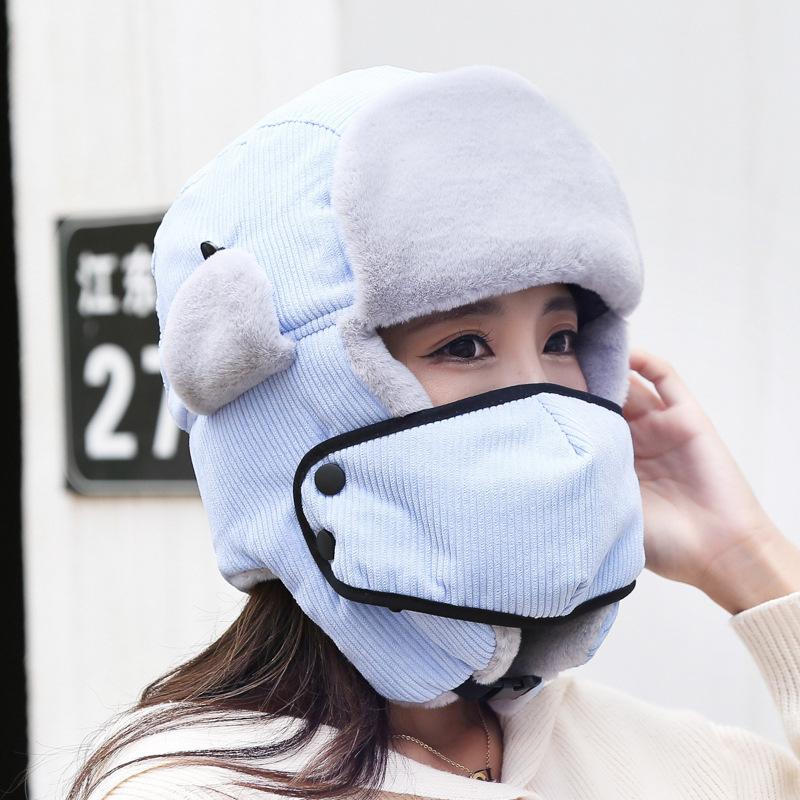 Female warm imitation rabbit fur corduroy with mask winter travel male cute velvet thickened cotton hat