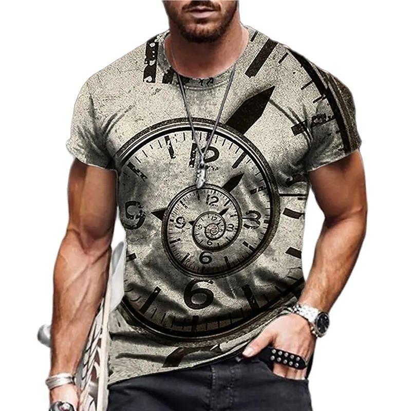 Vintage Clock Graphic Print Summer Men's O-Neck T-shirt Casual Short Sleeve Oversized T Shirts Fashion Tops Trend Men Clothing