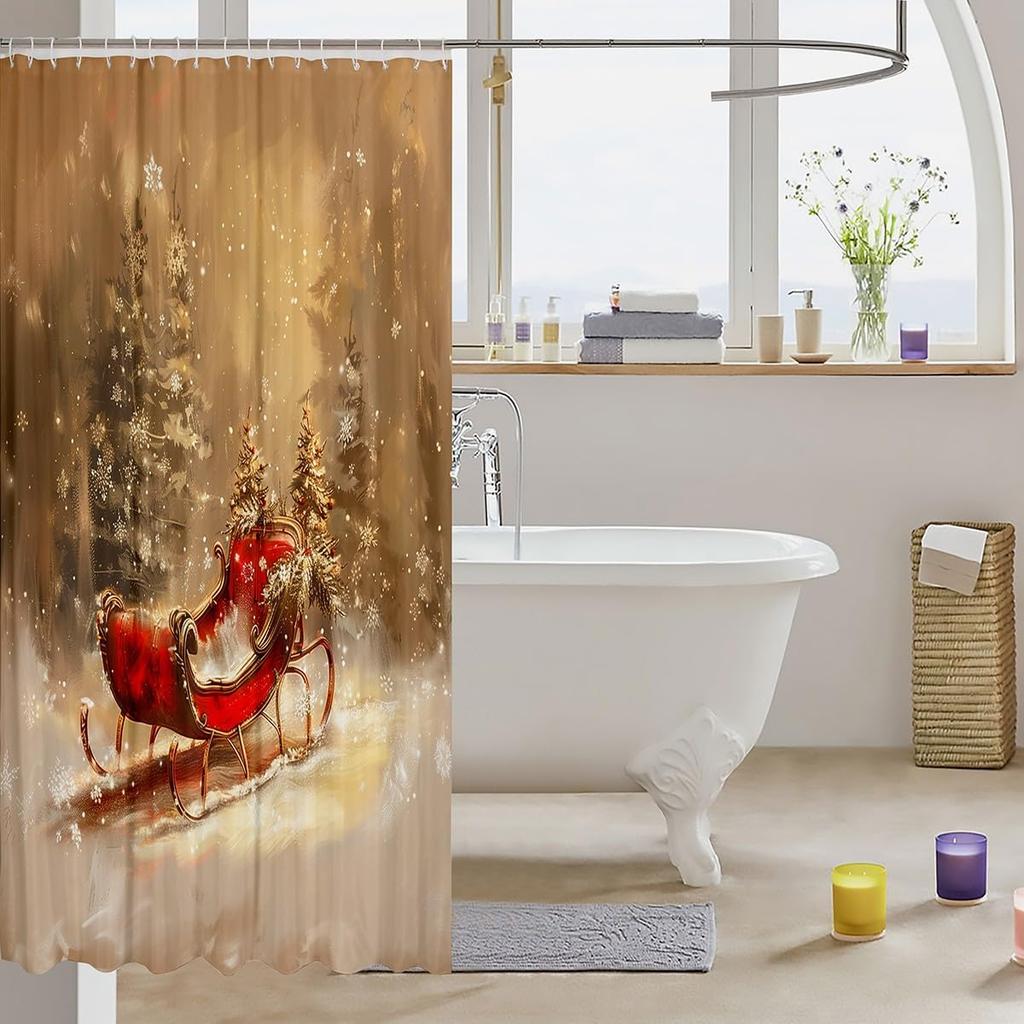 Vintage Christmas Sleigh Shower Curtain with Xmas Tree & Snowflake Design, Merry Winter Holiday Bathroom Decor Accessories