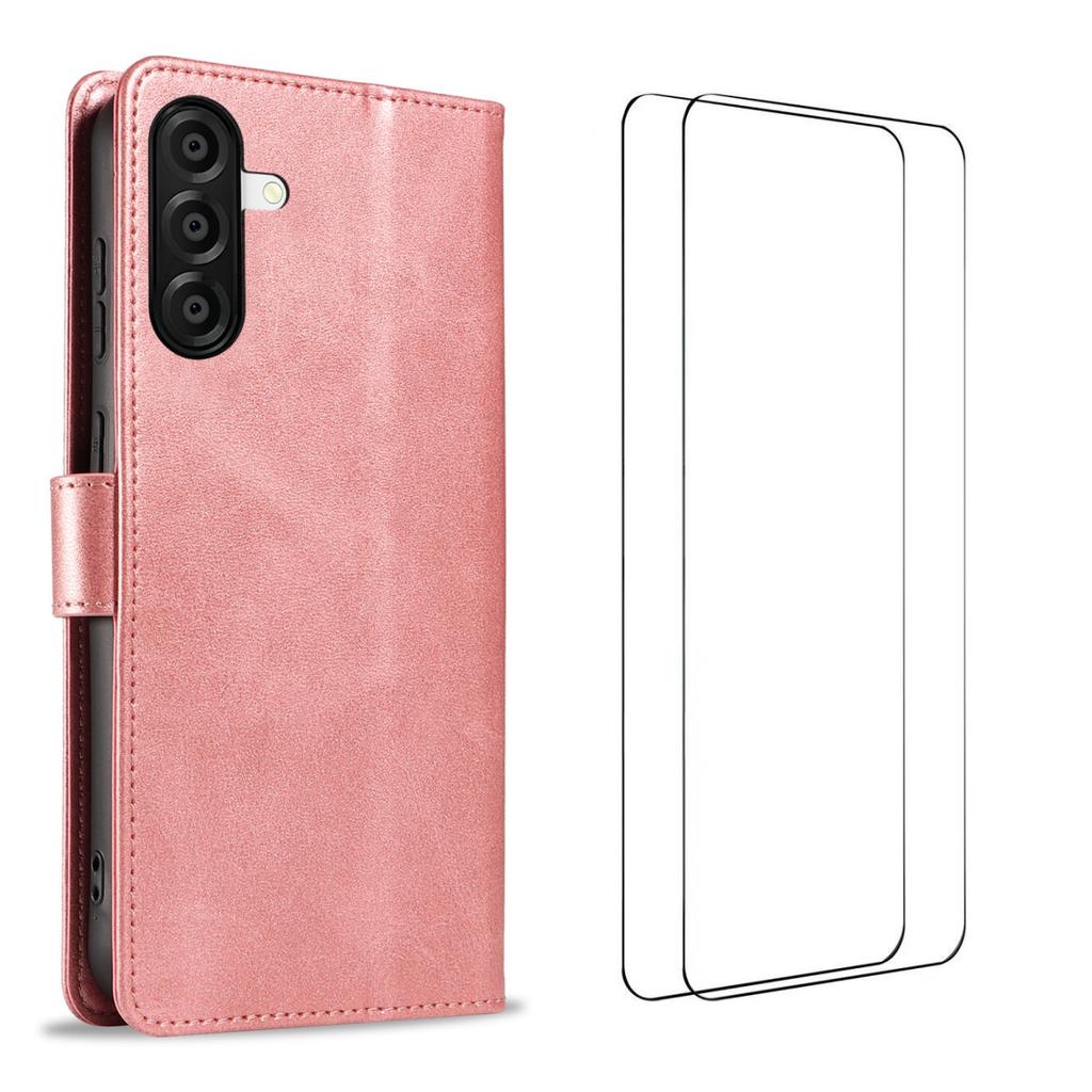 Für Samsung Galaxy A36 5G Hülle mit 2 Stück Panzerglas WANLONFENG WN Serie Kalbsleder Textur Handyhülle Große Aussparungen