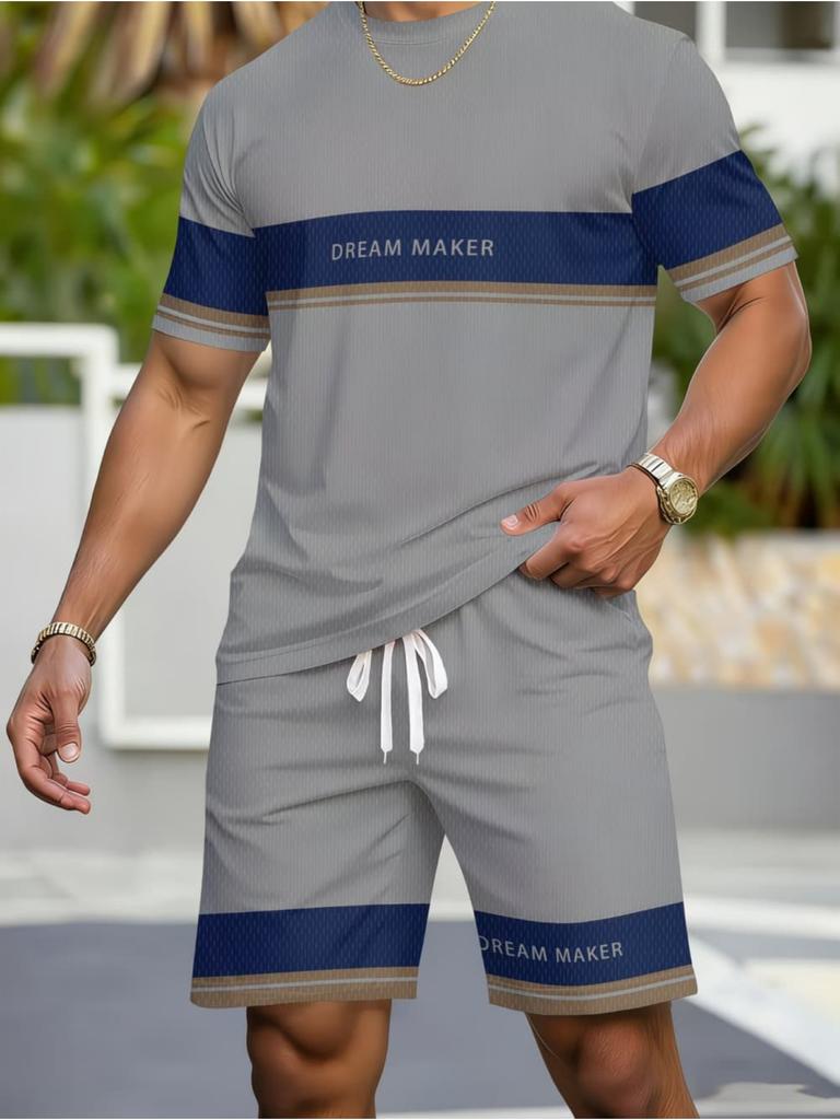 Casual Stripe Printed T-Shirt Shorts Loose Men's Short Sleeve Tee Elastic Waist Shorts Set Sports Clothes