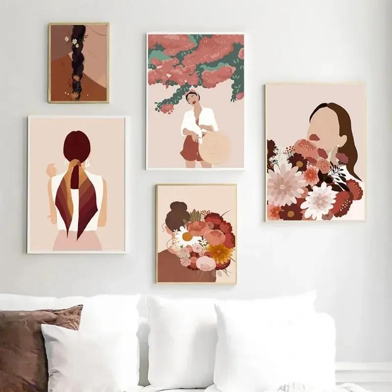 Fashion Vintage Girl Abstract Figure Wall Art Canvas Painting Nordic Posters And Prints Wall Pictures For Living Room Home Decor