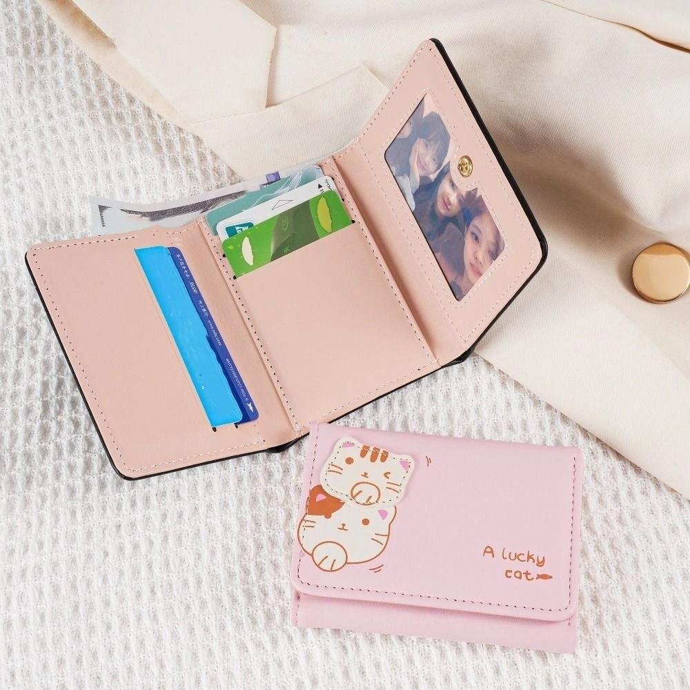 Korean Style Cat Short Wallet Solid Color Coin Purse Portable Cute Tri-Fold Purses  Female