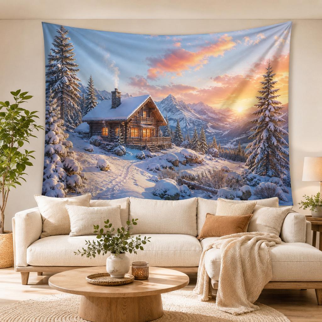 Winter Snow Cabin Tapestry Wall Hanging Mountain Pine Tree Large Fabric Wall Tapestries Boho Decor Aesthetic Birthday Gift